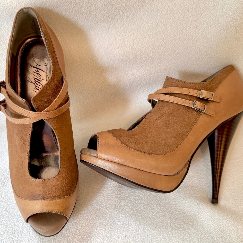 Fergalicious Tan Peep-Toe Heels